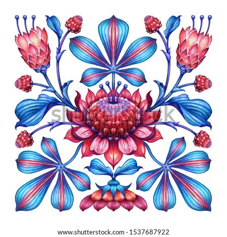 ethnic floral ornament, red blue folklore motif isolated on white background, square botanical kerchief design, traditional embroidery pattern, modern boho fashion print, watercolor illustration