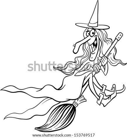 Black and White Cartoon Vector Illustration of Funny Fantasy or Halloween Witch Flying on Broom for Children to Coloring Book