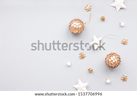 Christmas decoration on blue pastel background, top view, flat lay