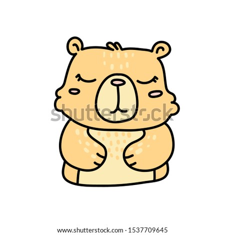 Cute baby bear hand drawn vector character. Doodle mammal color illustration. Isolated cartoon grizzly. Jungle wild animal drawing. Birthday greeting card, kids textile, t-shirt design element