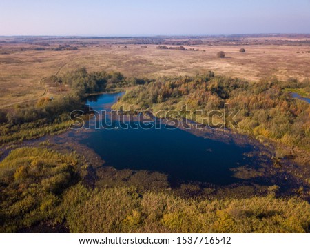 Aerial landscape of a lake in the forest at summer, fisherman in the boat