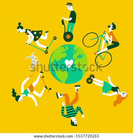 Cartoon people using transport like bicycle, skateboard, personal transporter, hoverboard, roller skate. Green planet conception. Illustration about ecology for your design.