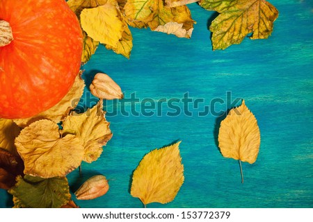 Autumn decoration with pumpkin and fall leaf.