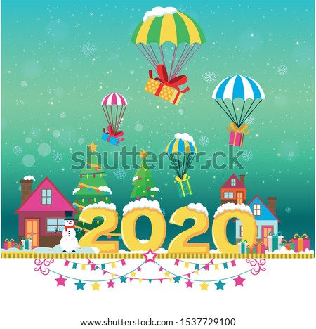 Winter cityscape 2020. Christmas winter city street with small houses and trees, presents, snowmen, Christmas trees. Sleek style vector illustration.