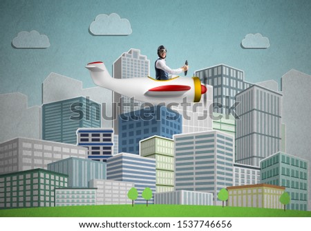 Emotional pilot sitting in small propeller plane. Aviator driving retro airplane on background of cartoon city illustration. Modern downtown with high skyscrapers and office buildings.