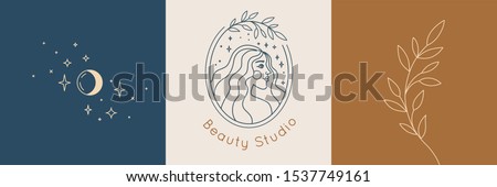 Vector abstract logo and branding design templates in trendy linear minimal style, emblem for beauty studio and cosmetics - female portrait, beautiful woman's face - badge for make up artist, fashion  Royalty-Free Stock Photo #1537749161