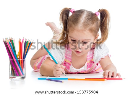 cute child drawing with colorful pencils