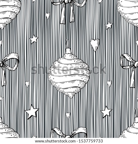 Black and white vector image of a carved Christmas toy, bows, hearts and asterisks on a striped background. Seamless background for wallpaper, textile and wrapping paper.