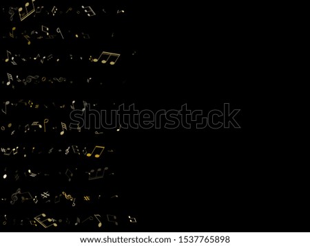 Music notes, treble clef, flat and sharp symbols flying vector background. Notation melody record classic signs. Funky music studio background. Gold metallic melody sound notes.
