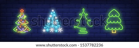 Fir-trees neon signs set. Christmas, New Year Day, celebration design. Night bright neon sign, colorful billboard, light banner. Vector illustration in neon style.