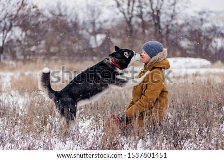 Husky dog kissing boy in jacket on a distillation in a winter field