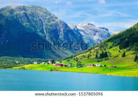 Panoramic  view of Sognefjord, one of the most beautiful fjords in Norway Royalty-Free Stock Photo #1537805096