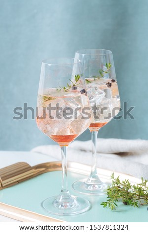 Prosecco cocktail, an aperitif with Prosecco, a white sparkling italian wine, bitter, thyme and juniper berries   Royalty-Free Stock Photo #1537811324