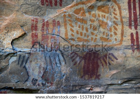 Rock painting in the region of Peruacu River Valley (in Portuguese: "Vale do rio Peruaçu" - State of Minas Gerais - Southeast Brazil. The picture seems to depict birds among other enigmatic drawings.