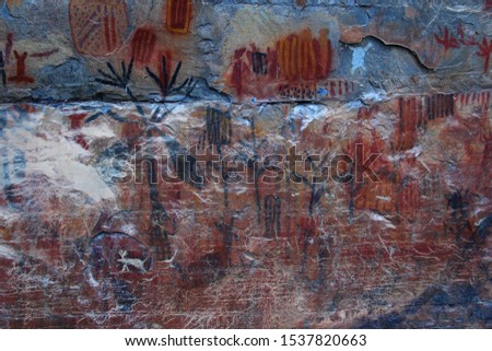 Rock painting in the region of Peruacu River Valley (in Portuguese: "Vale do rio Peruaçu" - State of Minas Gerais - Southeast Brazil. The picture is made most of enigmatic drawings.
