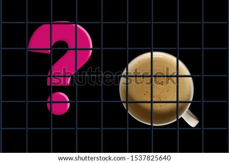 white cup of cappuccino and a big question mark behind the black bars, coffee harm concept, close-up, copy space