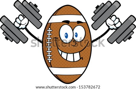 Smiling American Football Ball Cartoon Mascot Character Training With Dumbbells
