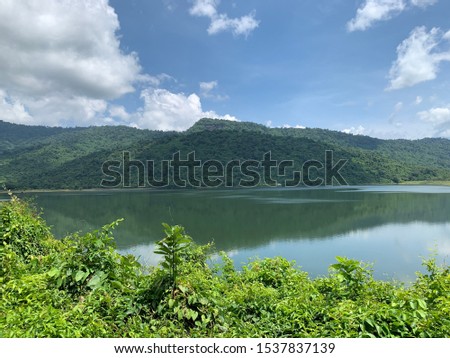 The beautiful scenery of mountains and fog in the morning sky Popular tourist attractions and come to take pictures at Huai Prue Reservoir in Nakhon Nayok Province, Thailand