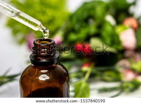 Apothecary, herbs and essential oils for wellbeing. alternative, aroma, pharmaceutical, preparation, equipment, tool, flora, remedy, bowl, crush, mixing, tincture, bottle, glass, potion, grind, liquid Royalty-Free Stock Photo #1537840190