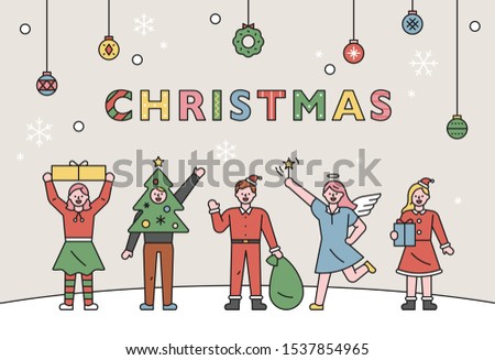 People greet in various Christmas costumes. Promotional Template. flat design style minimal vector illustration.