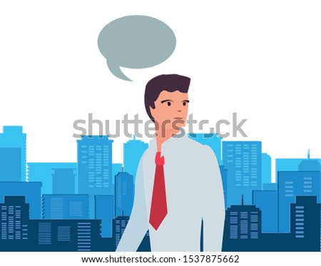 businessman speech bubble city street background vector illustration