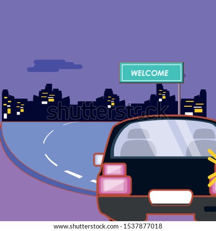 car on the road and welcome board over purple background, colorful design. vector illustration