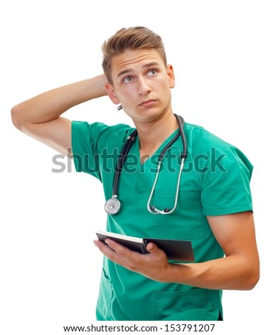 Portrait of a thoughtful male doctor on isolated background