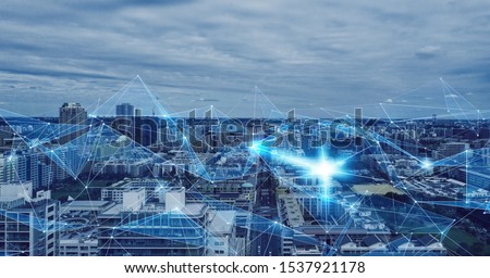 Smart city and communication network concept. 5G. LPWA (Low Power Wide Area). Wireless communication. Royalty-Free Stock Photo #1537921178