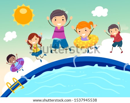 Illustration of Stickman Kids Jumping In a Swimming Pool in the Summer