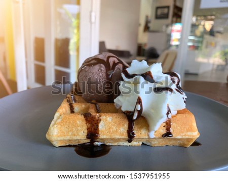 Plate of waffle with ice cream, whipped cream and chocolate sauce. Warm, relaxing feel. Blurred background. The ultimate waffle recipe, which is both fragrant and delicious. Cafe series concept.
