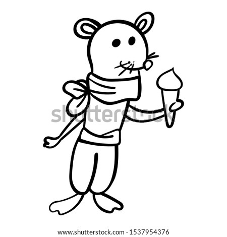 A Mouse or Rat in a Scarf is holds ice cream. Illustration in cartoon vector style, coloring page  kids