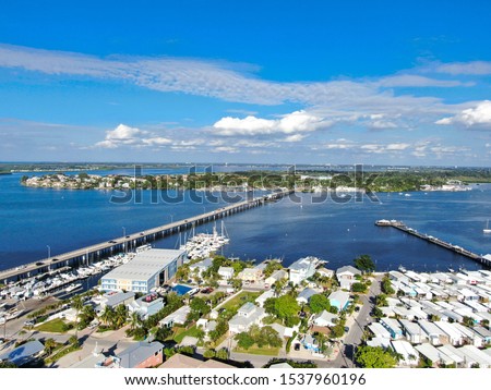 Aerial view of Anna Maria Island town and beaches, barrier island on Florida Gulf Coast. Manatee County. USA