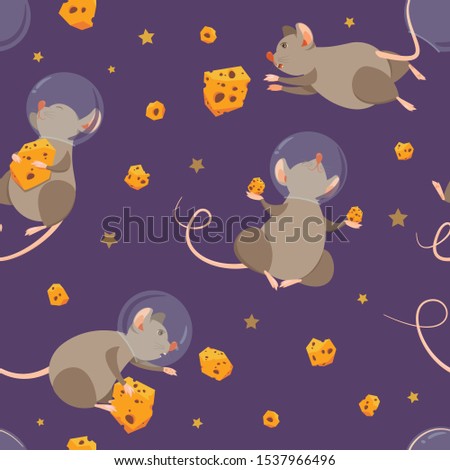 Cheerful seamless pattern with mice in space. Background for 2020 new year. Children's pattern for wallpaper, fabric, wrapping paper. Mice and cheese.