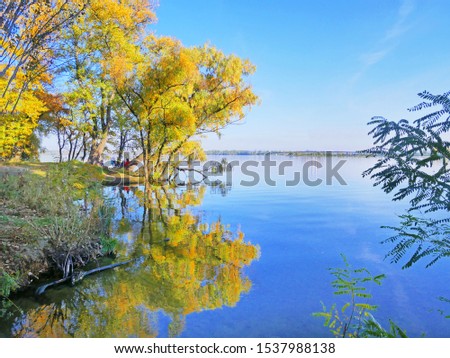 Yellow, red and green trees in forest near river at sunset, with reflection of sky and forest on a water smooth surface, sun's rays break through the foliage of trees