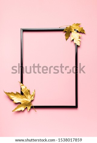 Fall and autumn flat lay frame golden leaves creative on pink background, flora, leaf  in poster, mockup, copy space