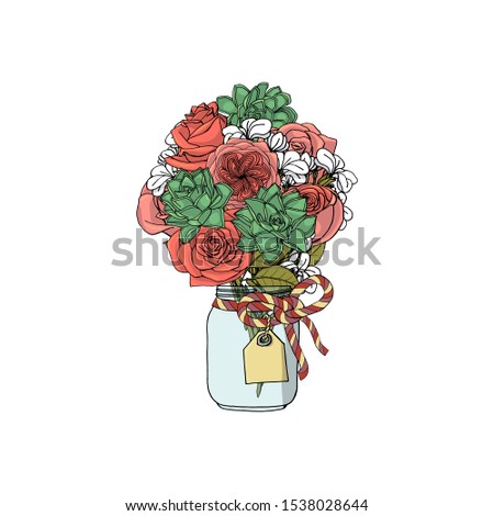 Hand drawn doodle style bouquets of different flowers: succulent, rose, stock flower. isolated on white background. stock illustration