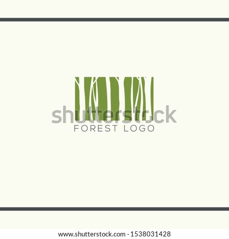 Green rectangle with tree trunks silhouette. Forest in rectangle like barcode. Vector logo design template