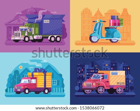 Parcel delivery vehicle scenes in flat design. City transportation and auto shipping service van, truck, cargo lorry and courier scooter with cupboards, gifts and boxes. Logistic services concepts.