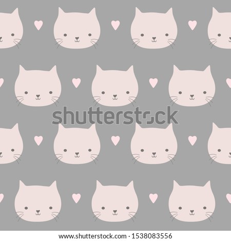 Seamless repeat pattern of sweet cat faces and hearts in pink and grey. Hand drawn vector design ideal of children and babies.