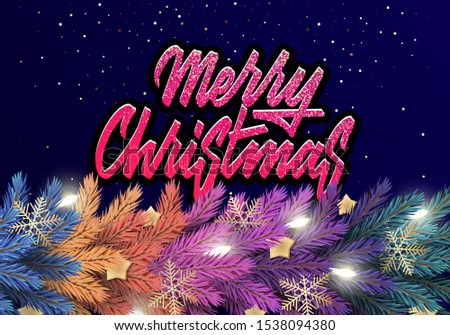 Holiday's Background for Merry Christmas greeting card with a realistic colorful garland of pine tree branches, decorated with Christmas lights, gold stars, snowflakes