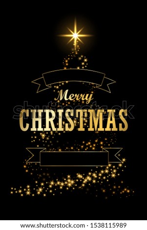 Christmas tree card, ribbon, black background. Gold Christmas tree symbol Happy New Year, Merry Christmas holiday celebration. Golden light sparkle decoration. Bright shiny card Vector illustration