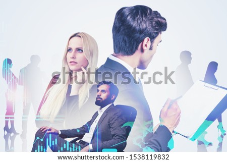 Successful young business people working together over white background with double exposure of digital interface. Concept of teamwork and communication. Toned image