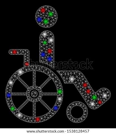 Bright mesh wheelchair with glow effect. White wire carcass triangular mesh in vector format on a black background. Abstract 2d mesh designed with triangles, points, colored glare spots.