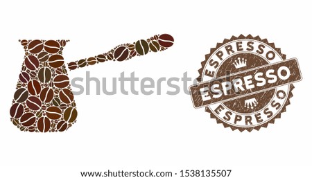Mosaic coffee cezve and rubber stamp seal with Espresso phrase. Mosaic vector coffee cezve is formed with seeds. Espresso stamp uses chocolate color.