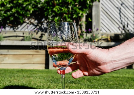 hand pick up white wine glass in garden house