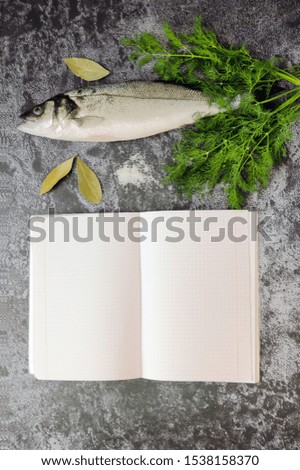 Delicious fresh fish with with aromatic herbs, spices and vegetables with open empty book of recipes on dark background. Cooking concept