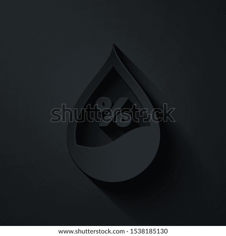Paper cut Water drop percentage icon isolated on black background. Humidity analysis. Paper art style. Vector Illustration