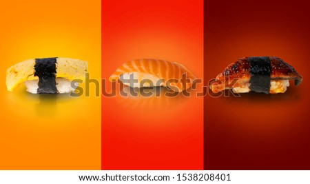 sushi side view with reflection on color background