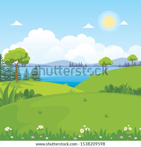 Beautiful Landscape Vector with lake, or sea view Illustration design, cute, lovely, adorable and scenery landscape design