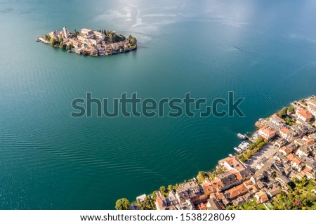 Aerial View of San Giulio island located on the Lake Orta in Piedmont, Italy
